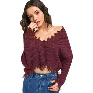 Crop Raw Hem V Neck Wine Red Pullover Sweater